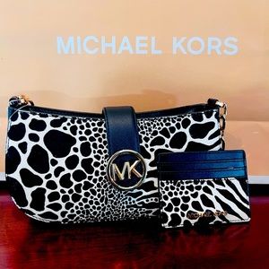 NWT MICHAEL KORS Carmen  Animal Print Calf Hair Shoulder Bag W/Card Case Wallet